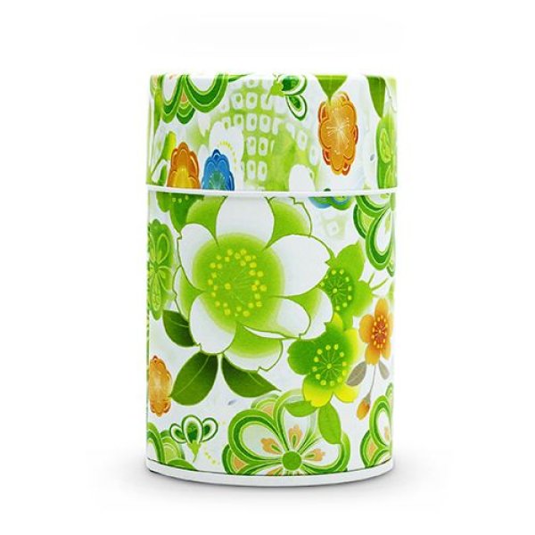 画像1: 茶筒 お茶を入れる缶 印刷缶 100g「はなおもい」緑 茶缶 (1)